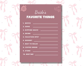 Bachelorette Games, Printable Bachelorette Game, Favorite Things, Bridal Shower Game, Wedding Games, Printable Bachelorette
