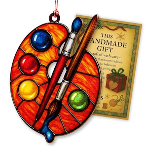 Artist Suncatcher Ornament – Christmas Gift for Painters, Art Students or Teachers, Palette and Paintbrush Window Decor