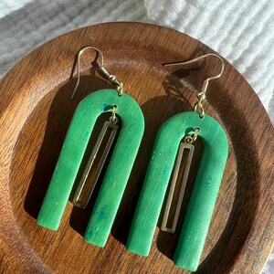 Green Dangle Earrings, Polymer Clay Earrings with metal charm, Handcrafted and lightweight Earrings