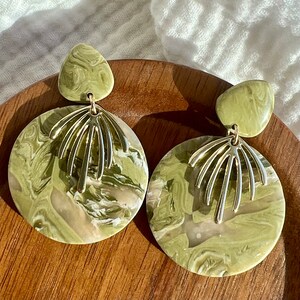 Green Dangle Earrings, Polymer Clay Earrings with metal charm, Handcrafted and lightweight Earrings