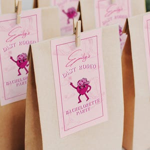 May include: A collection of brown paper gift bags, each adorned with a pink label reading "Emily's Last Rodeo Bachelorette Party." The labels are attached with wooden pegs. The design includes a cartoon character.