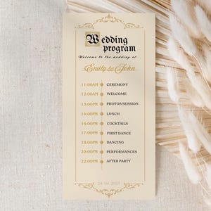 May include: A wedding program with a gold border and a calligraphic font. The program lists the wedding events with times, including the ceremony, welcome, photos session, lunch, cocktails, first dance, dancing, performances, and after party. The date of the wedding is 24.04.2025.