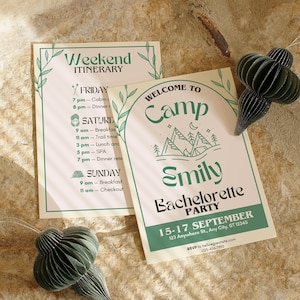Camp Bachelorette Invitation & Itinerary Template, Last Trail Bachelorette Party Weekend Invite, Mountain Glamping Lake Bachelorette