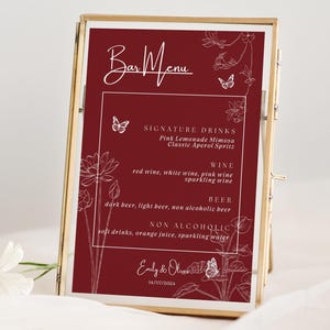 Modèle de menu de bar mariage papillon, carte des boissons bourgogne, enseigne de bar de mariage modifiable, enseigne de table de boissons signature, signalisation de carte de cocktails