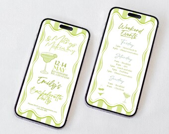 May include: Two smartphones displaying a digital bachelorette party itinerary with a light green and white wavy striped background. The screens feature text including "Emily's Bachelorette Party," "Weekend Events," and "12-14 May" alongside cocktail and bikini icons.