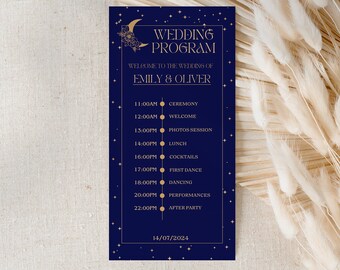 May include: A navy blue wedding program card with gold stars and a crescent moon design. The text reads "Wedding Program" and "Welcome to the Wedding of Emily & Oliver". The program lists the wedding day schedule with times and events.