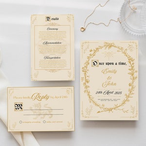 Fairytale Wedding Invitation Suite Template, Electronic Invitation, RSVP, Details (Canva Editable)