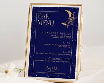 Himmlische Hochzeit Bar Menü Vorlage, Mond Sterne Getränkekarte, bearbeitbares Hochzeit Bar Schild, Signature Drinks Tischschild, Cocktailkarte Beschilderung