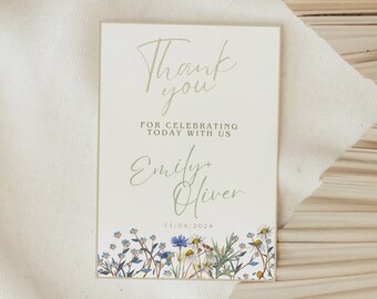 Wildflower Wedding Thank You Card Template, Editable Floral Thank You Card, Printable Thank You Card, Minimal Floral, Canva Template