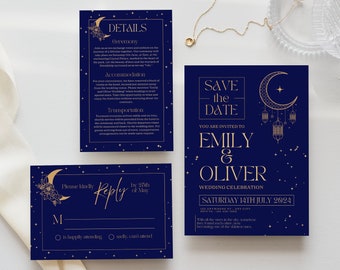 Celestial Wedding Invitation Template, Moon Star Editable Suite (Canva Instant Download)