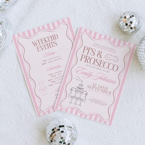 Pjs and Prosecco Bachelorette Invitation & Itinerary Template, Wavy Border Pajamas Bachelorette Weekend Invite, Slumber Party Bridal Shower