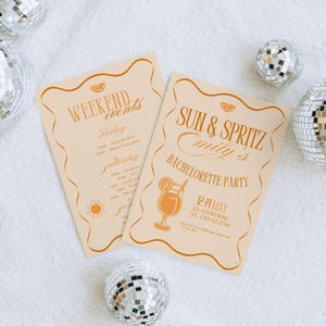 Sun and Spritz Bachelorette Invitation & Itinerary Template, Wavy Frame Bridal Shower Party Invite