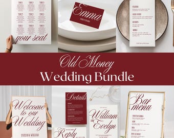 Old Money Wedding Stationery Bundle, Luxury Elegant Reception Canva Template, Program, Invitation, Sign, Menu