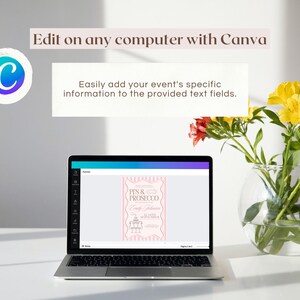 May include: A laptop computer displaying a Canva design template for a "Pints & Prosecco" party invitation. The template features a pink and white striped background with a pink and white illustration of a glass of prosecco and a pint of beer. The text "Edit on any computer with Canva" is displayed above the laptop.