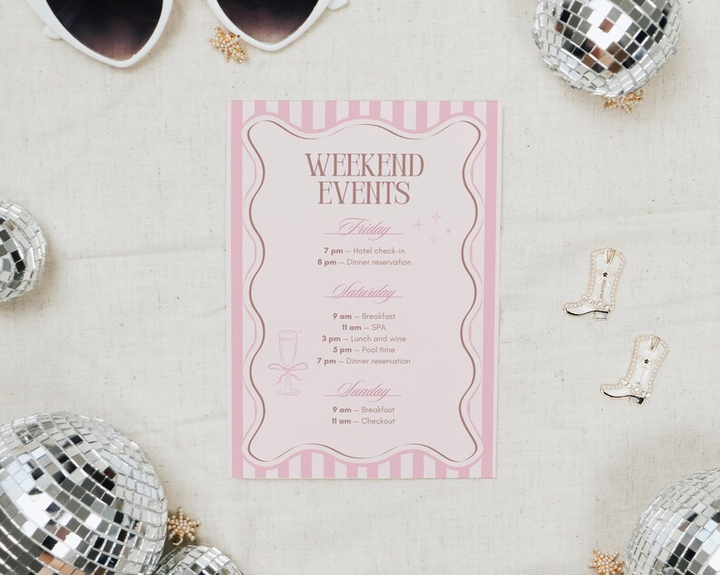 Pjs and Prosecco Bachelorette Invitation & Itinerary Template, Wavy Border Pajamas Bachelorette Weekend Invite, Slumber Party Bridal Shower