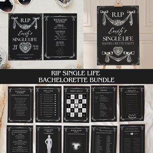 Pakiet weekendowy RIP Single Life Bachelorette, zaproszenie, plan podróży, tablica powitalna, gry imprezowe, szablon wieczoru panieńskiego Bride or Die