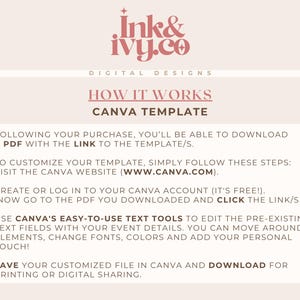 May include: A digital design guide from Ink & Ivy Co. with instructions on using a Canva template. The text includes steps to download a PDF, customize the template on Canva, and save the file for printing or digital sharing.