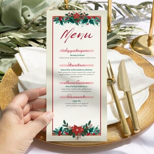Plantilla de menú navideño, menú navideño clásico, menú de cena editable, tarjeta de menú navideño elegante, menú festivo imprimible