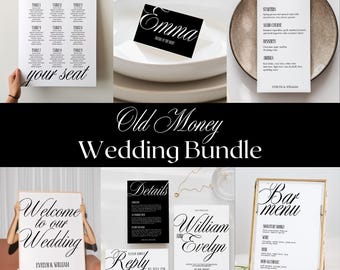Classic Old Money Wedding Stationery Bundle, Minimalist Reception Canva Template, Program, Invitation, Sign, Menu