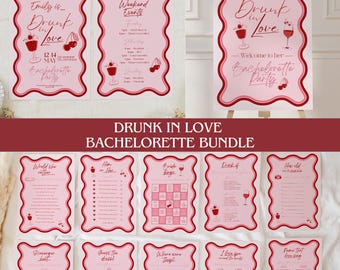 Drunk in Love Bachelorette Template Bundle, Invitation, Sign, Games, Wavy Cherry Red (Digital Download)