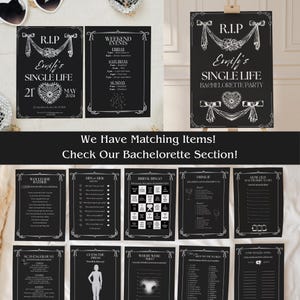 May include: A collection of black and white bachelorette party decorations. The decorations include signs with text such as "R.I.P. Emily's Single Life" and various party game cards. The text is in a decorative font.