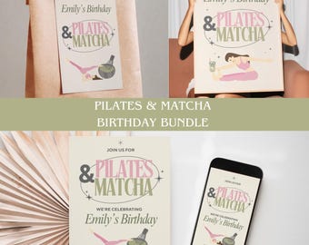Pilates and Matcha Geburtstagsparty Vorlage Bundle (Digitaler Download) Einladung, Favor Tag, Sign