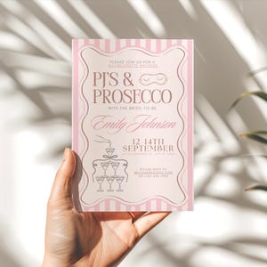 Pjs and Prosecco Bachelorette Invitation & Itinerary Template, Wavy Border Pajamas Bachelorette Weekend Invite, Slumber Party Bridal Shower