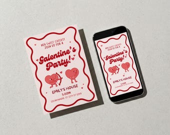 Plantilla divertida de invitación para el Día de la Amistad Femenina, invitación para cena de chicas, invitación de San Valentín con marco ondulado