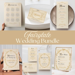 May include: A selection of wedding stationery with a fairytale theme. Includes a seating plan, menu, table card, invitation, RSVP card, and bar menu. The designs feature floral accents and elegant fonts, with the text "Fairytale Wedding Bundle".