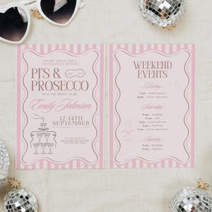 Pjs and Prosecco Bachelorette Invitation & Itinerary Template, Wavy Border Pajamas Bachelorette Weekend Invite, Slumber Party Bridal Shower