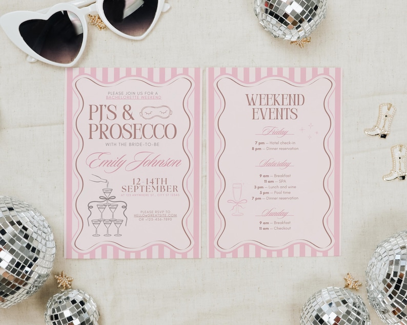 Pjs and Prosecco Bachelorette Invitation & Itinerary Template, Wavy Border Pajamas Bachelorette Weekend Invite, Slumber Party Bridal Shower