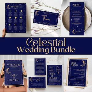 Può includere: Un set di partecipazioni di nozze celesti blu navy con dettagli dorati. Include un tableau de mariage, un menu, un cartello di benvenuto, una scheda dettagli, una scheda salva la data, una scheda di risposta e un menu bar. Design con lune, stelle e tipografia elegante.