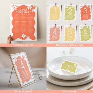 May include: A selection of wedding stationery, including a large seating chart with the text "FIND YOUR SEAT", table numbers, and place cards. The designs feature a floral motif and a colour palette of peach, yellow, and green.
