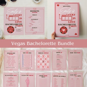 Paquete de despedida de soltera en Las Vegas, invitación, itinerario, cartel de bienvenida, juegos de fiesta, plantilla de despedida de soltera en el casino, tema Lucky in Love