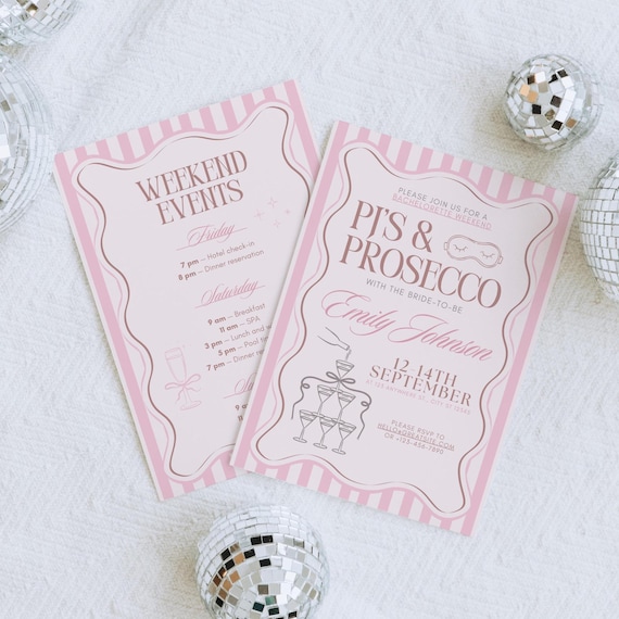Pjs and Prosecco Bachelorette Invitation & Itinerary Template, Wavy Border Pajamas Bachelorette Weekend Invite, Slumber Party Bridal Shower