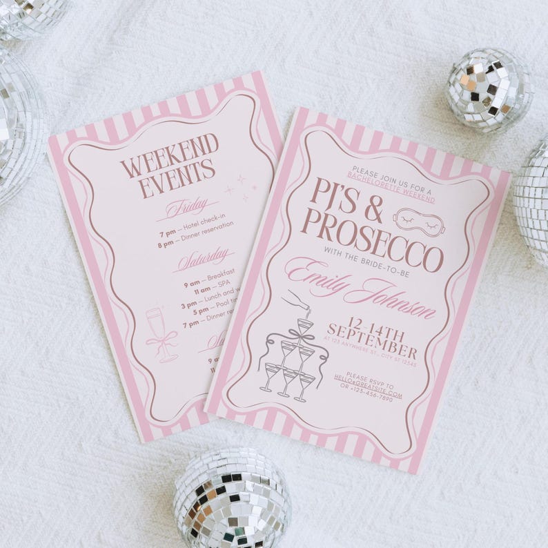 Pjs and Prosecco Bachelorette Invitation & Itinerary Template, Wavy Border Pajamas Bachelorette Weekend Invite, Slumber Party Bridal Shower