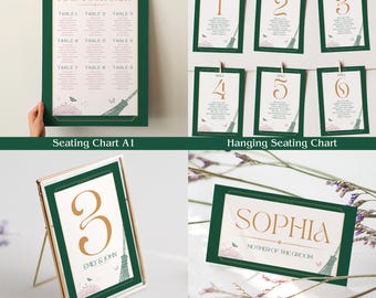 Emerald Wedding Seating Chart Template Bundle, Good & Green Witch, Table Number, Place Card