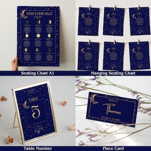 Celestial Wedding zitplaatsen grafiek sjabloon bundel, Moon Star bruiloft zitplaatsen grafiek teken, tafelnummer, plaatskaart, bruiloft naamkaartjes sjabloon