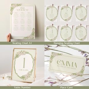 May include: A collection of wedding stationery featuring a soft green and pink floral design. Includes a large seating chart, hanging seating cards, table number, and place card. The place card reads "EMMA, Sister of the Bride."