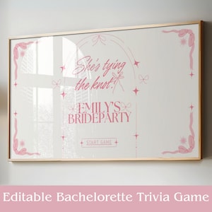 She&#39;s Tying The Knot Bachelorette Trivia Game Template, Hen Party Games, Editable Canva Bridal Shower Quiz, Coquette Customizable Bach