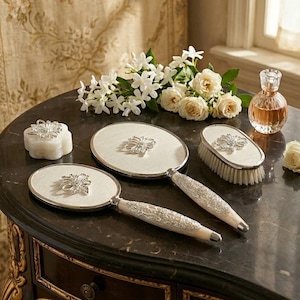 ブライダルミラーセット - ホワイト＆ローズゴールド、ウェディングモーニングバニティエッセンシャル、フローラルハンドミラーコレクション