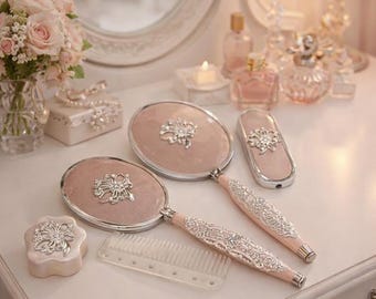 Rose Gold Bridal Mirror Set, Floral Vanity Collection, Romantic Wedding Accessory