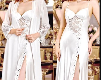 White Cotton Bridal Robe and Nightgown Set, Silky Pajama, Honeymoon Lingerie