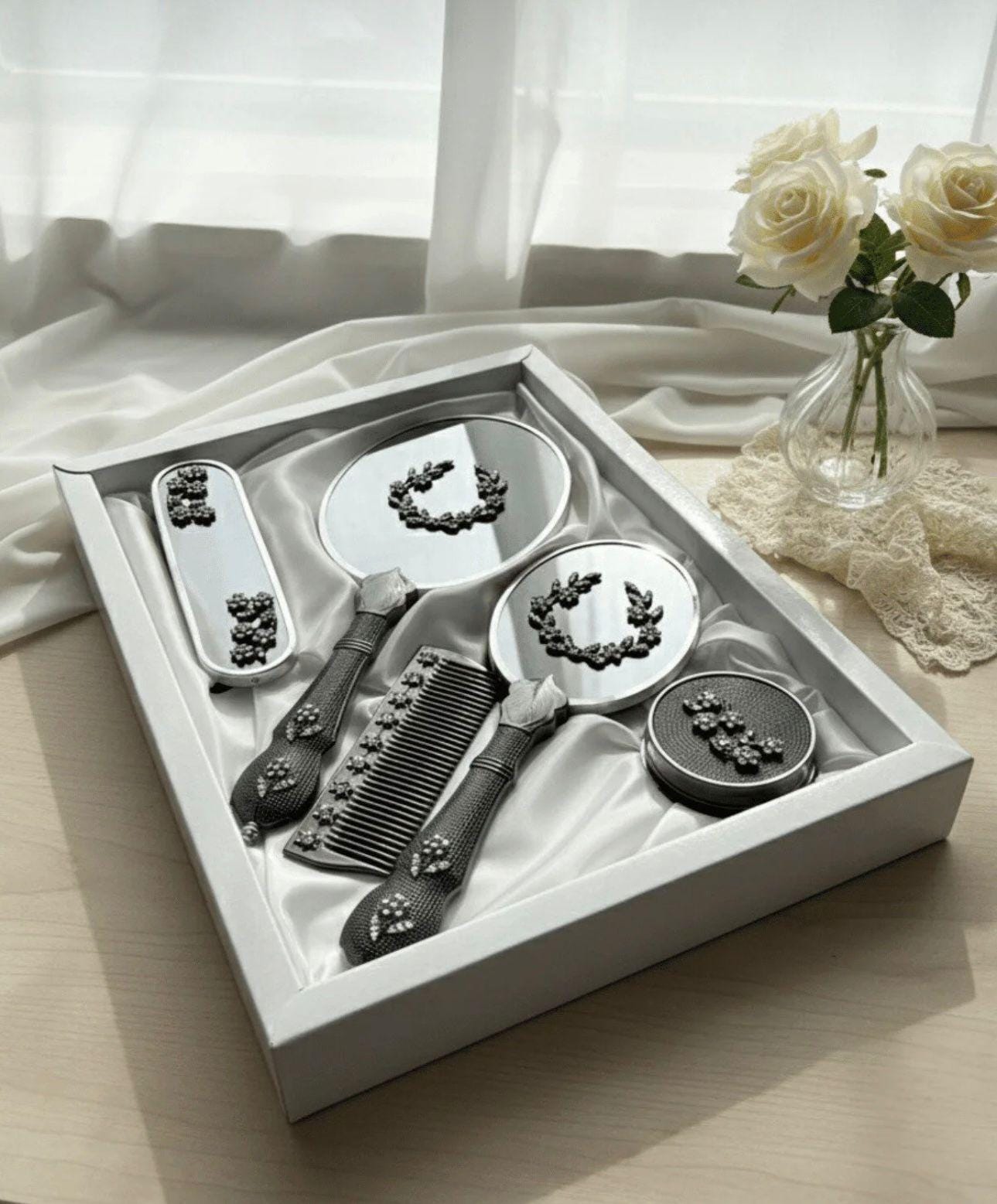 Vintage Style Lotus Vanity Set Mirror Comb Wood Zen Floral Decor il_fullxfull.1560602454_ttzk.jpg main image 4