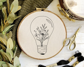 Wildflowers in a Lightbulb - Embroidery Pattern - PDF Digital Download