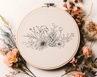 Autumn Fall Foliage Sunflower Pinecone Mushroom - Embroidery Pattern - PDF Digital Download