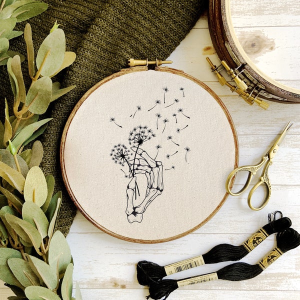 Flowering Blowing Dandelion in a Skeleton Hand - Embroidery Pattern - PDF Digital Download