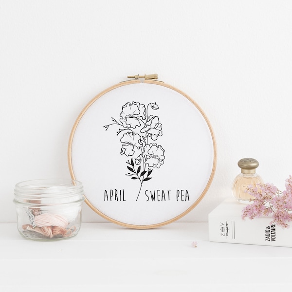 April Sweat Pea Birth Flower - Embroidery Pattern Template - PDF Digital Download