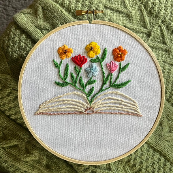 Wildflowers in a Book - Finished Completed Embroidery Hoop Art - Ready to Hang