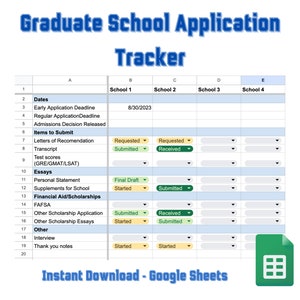 May include: A Google Sheets spreadsheet template for tracking graduate school applications. The spreadsheet includes columns for school name, application deadlines, items to submit, essays, financial aid, and other important information. The spreadsheet is titled "Graduate School Application Tracker" and includes the text "Instant Download - Google Sheets".